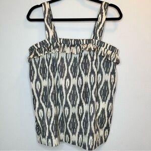 J.Crew Women’s Ikat Ruffle Flounce Tank Top Gray / Tan Cotton With Pockets Sz 10